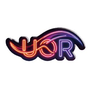 Stylized neon logo reading 'UOR' with an orange-red glowing U and O, a purple-blue glowing R, and a curved swoosh arc above connecting the letters.