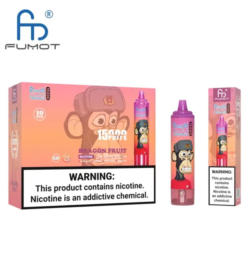 Box and two matching pink-purple FUMOT disposable vape devices labeled Dragon Fruit featuring a cartoon monkey wearing a fur hat, large "15,000 puffs" text, and a prominent nicotine warning stating This product contains nicotine. Nicotine is an addictive chemical.