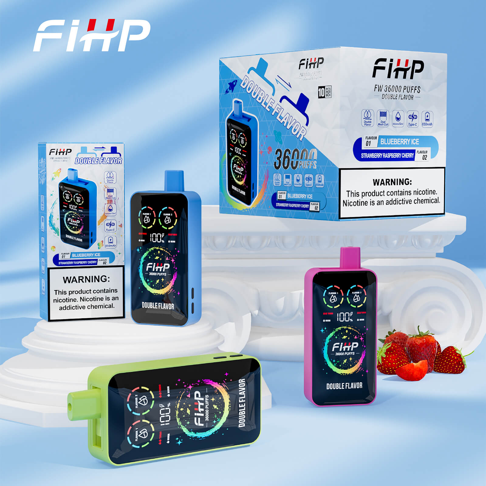 Close-up of FiHP branded disposable vape devices and packaging — three colorful rectangular vape units (blue, pink, lime) with digital-style front displays reading '100%' and 'DOUBLE FLAVOR,' a retail box advertising '36000 PUFFS' and flavor 'Blueberry Ice/Strawberry Raspberry Cherry,' visible nicotine warning labels, and a few strawberries on a white decorative pedestal against a soft blue backdrop.