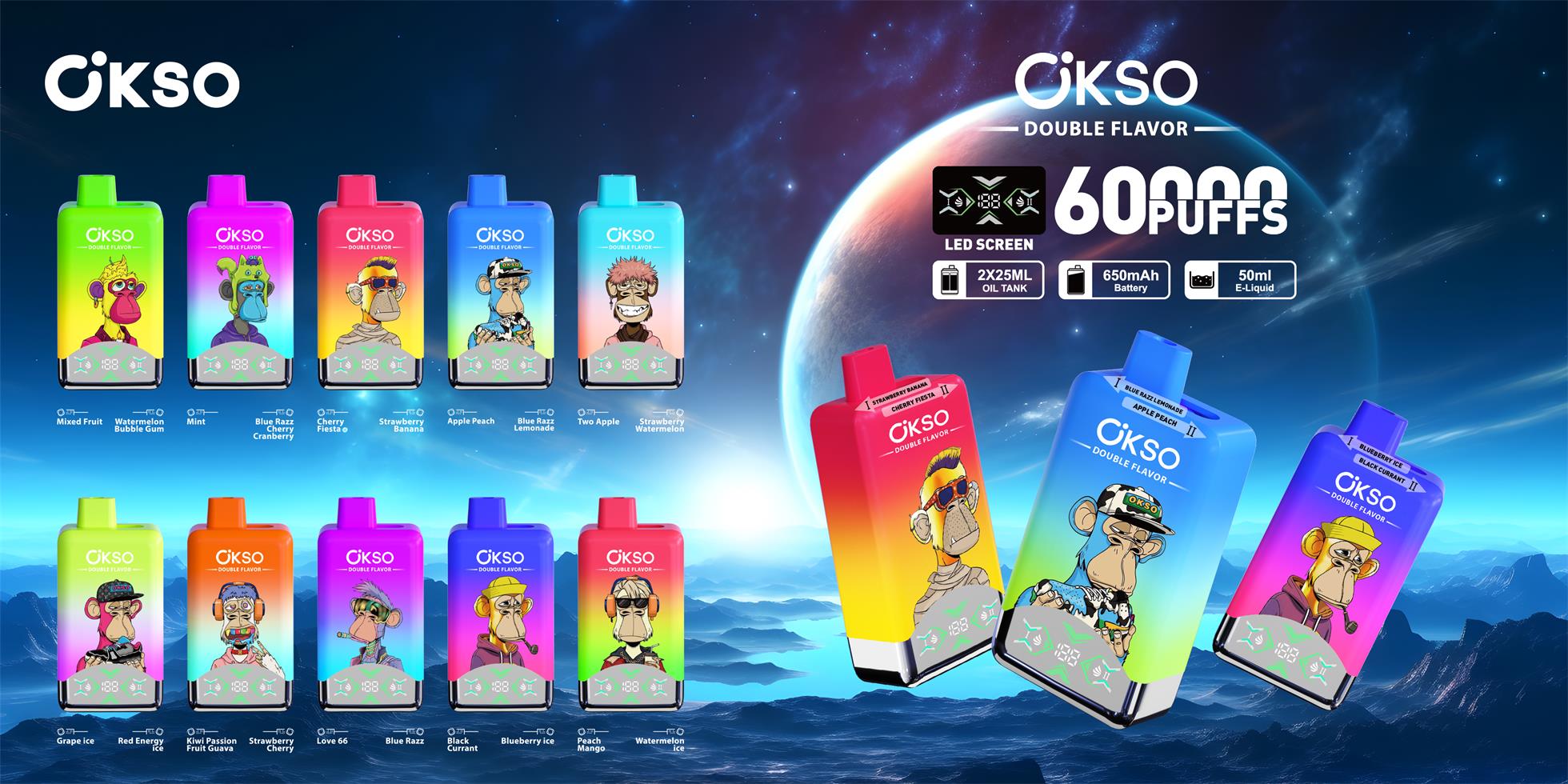 Brightly colored OKSO double-flavor disposable vape pods arranged against a cosmic planet backdrop, each rectangular device featuring stylized cartoon ape illustrations, flavor labels and a bottom LED screen, with large text highlighting 60,000 puffs and icons for 2x25ml oil tanks, 650mAh battery and 50ml e-liquid.