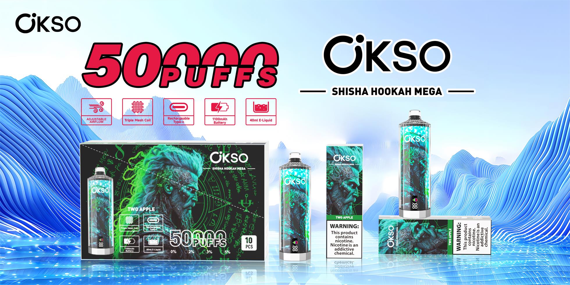 Promotional banner for OKSO Shisha Hookah Mega featuring large '50,000 puffs' text, turquoise-green patterned disposable devices and boxes labeled 'Two Apple,' icons indicating adjustable airflow, triple mesh coil, Type‑C rechargeable 1100mAh battery and 40ml e-liquid, plus a nicotine warning.