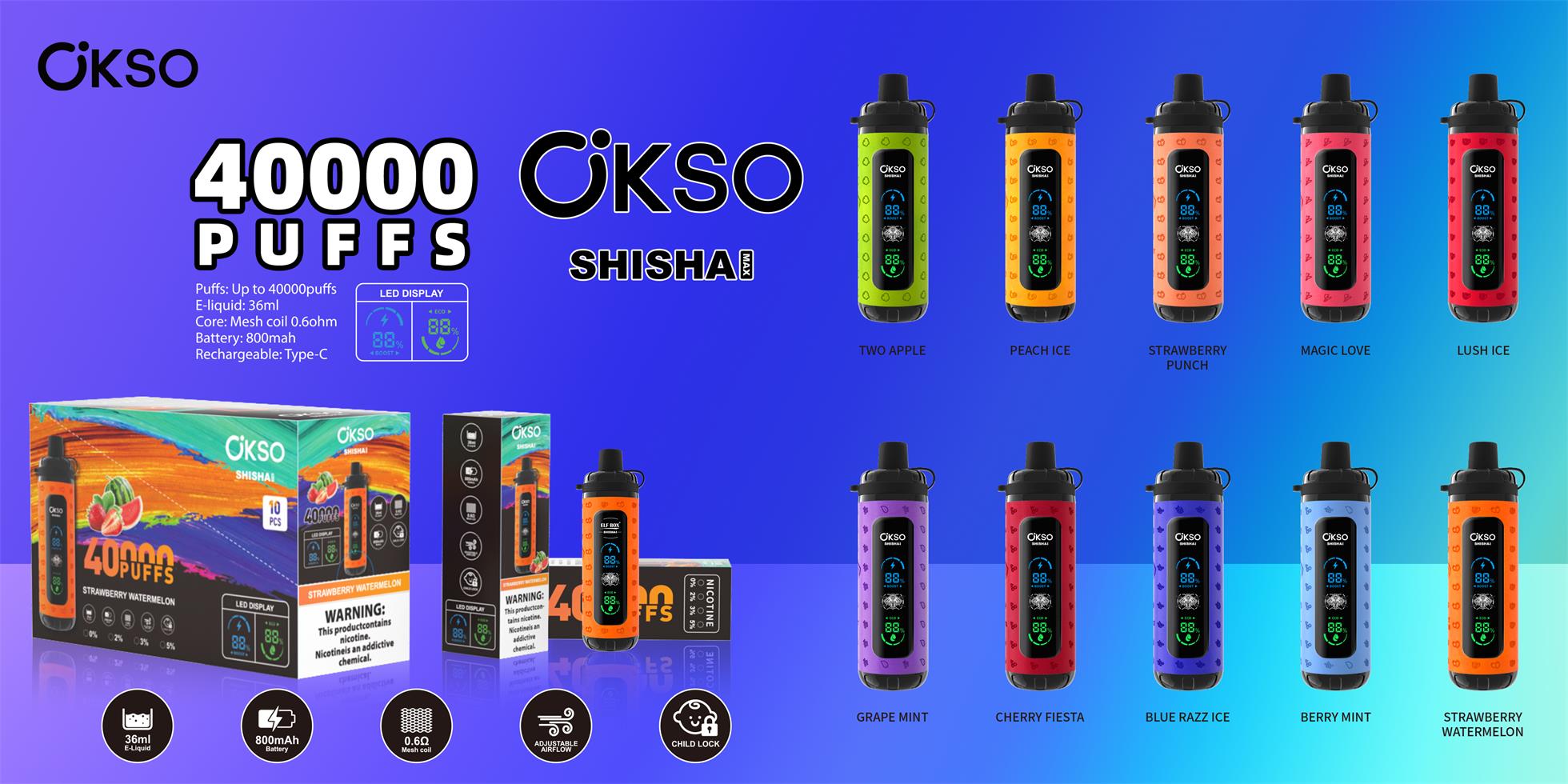 Promotional blue-gradient banner for OKSO Shisha MAX featuring large "40000 PUFFS" text and the OKSO logo, a row of colorful cylindrical disposable vape devices with LED displays labeled with flavor names, product boxes and icons showing specs (36ml e-liquid, 800mAh battery, mesh coil, Type‑C rechargeable).