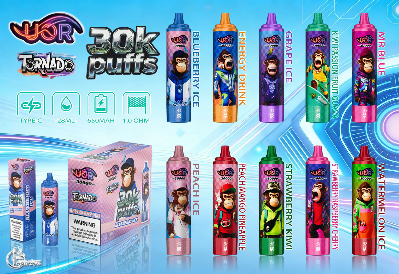 Bright retail-style ad showing a boxed display and multiple colorful disposable vape pens labeled “30k puffs” with a cartoon monkey mascot, flavor names (Blueberry Ice, Energy Drink, Grape Ice, Kiwi Passion Fruit Guava, Mr Blue, Peach Ice, Peach Mango Pineapple, Strawberry Kiwi, Strawberry Raspberry Cherry, Watermelon Ice) and icons for Type-C charging, 28ml, 650mAh and 1.0 ohm.