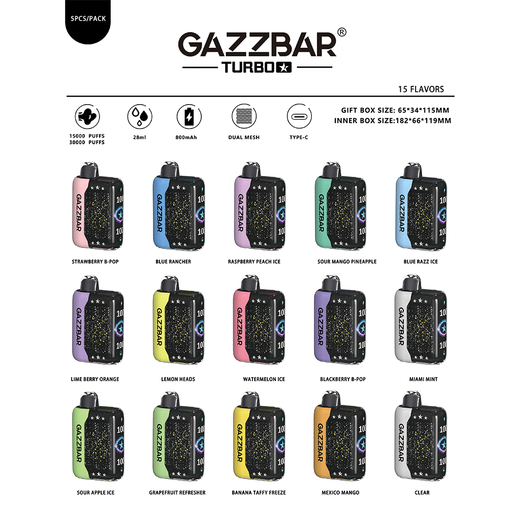 Gazzbar Turbo product sheet showing 15 colorful disposable vape devices arranged in a 3x5 grid with flavor names and icons indicating 28ml capacity, 800mAh battery, dual mesh and Type‑C charging.