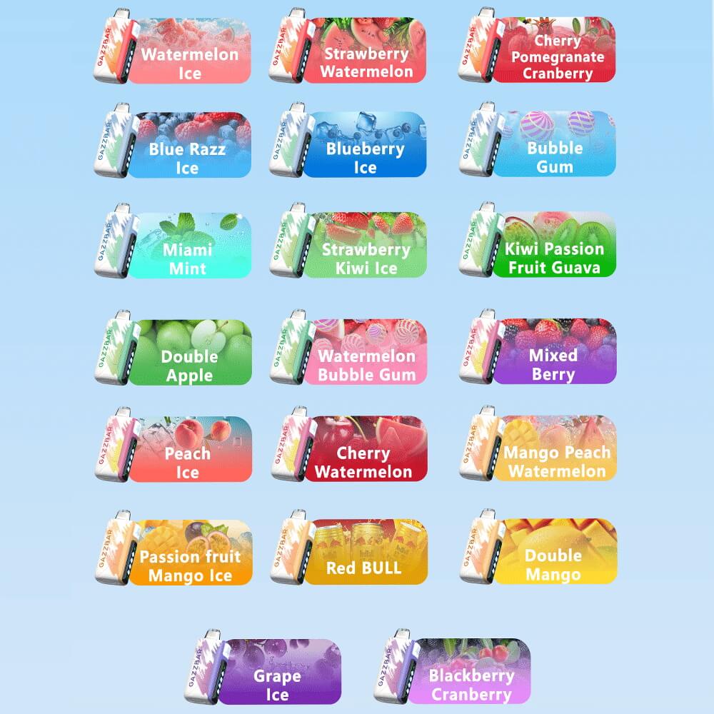 Three-column grid of colorful rectangular vape flavor labels on a light blue background, each showing a small device icon and fruit-themed artwork with flavor names like Watermelon Ice, Strawberry Watermelon, Cherry Pomegranate Cranberry, Blue Razz Ice, Blueberry Ice, Bubble Gum, Miami Mint, Strawberry Kiwi Ice, Kiwi Passion Fruit Guava, Double Apple, Watermelon Bubble Gum, Mixed Berry, Peach Ice, Cherry Watermelon, Mango Peach Watermelon, Passion Fruit Mango Ice, Red BULL, Double Mango, Grape Ice, and Blackberry Cranberry.