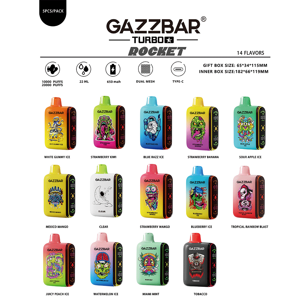 Product poster showing GAZZBAR Turbo Rocket branding and 14 colorful disposable vape devices with illustrated casings labeled by flavor (White Gummy Ice, Strawberry Kiwi, Blue Razz Ice, Strawberry Banana, Sour Apple Ice, Mexico Mango, Clear, Strawberry Mango, Blueberry Ice, Tropical Rainbow Blast, Juicy Peach Ice, Watermelon Ice, Miami Mint, Tobacco), icons indicating 10,000–20,000 puffs, 22 mL, 650 mAh, dual mesh and Type-C charging, and pack and box size information.