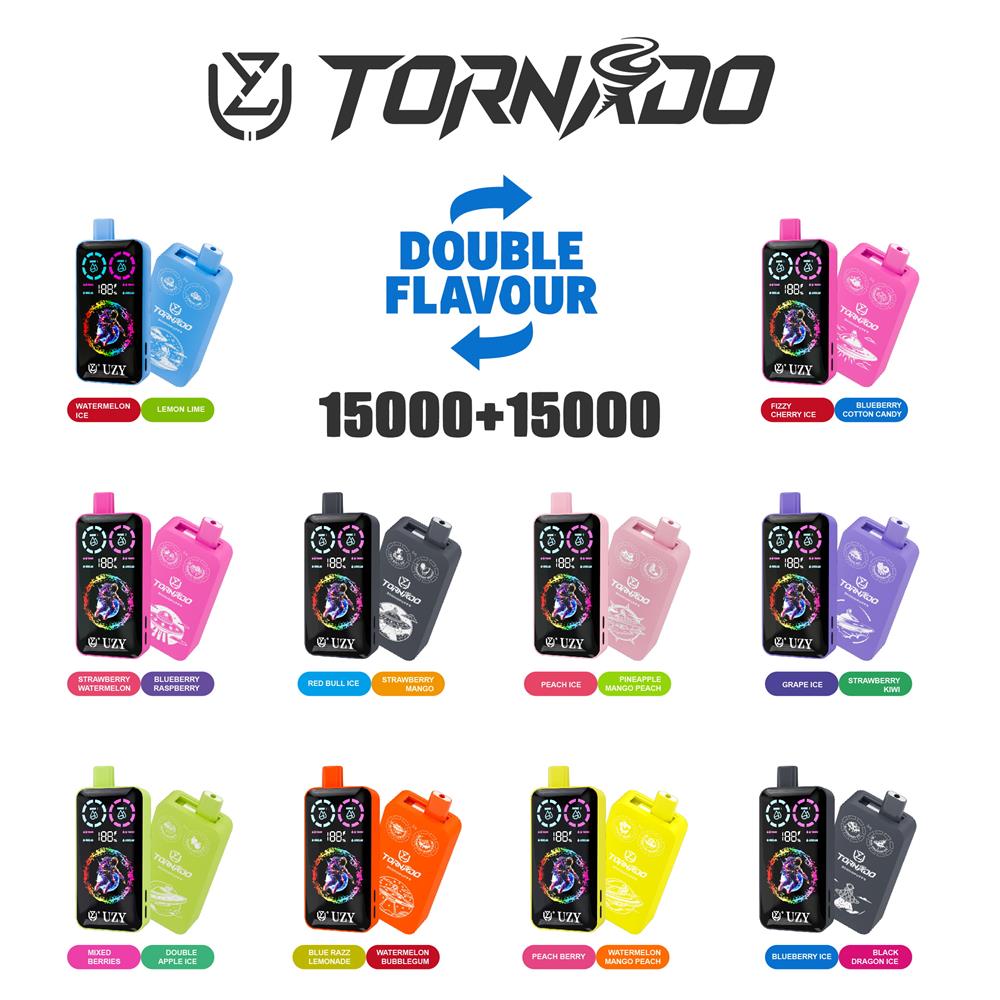 Promotional poster for Tornado double‑flavour disposable vapes showing the Tornado logo, a central 'DOUBLE FLAVOUR' graphic with '15000+15000', and a grid of colorful vape devices each labeled with flavor names (examples include Watermelon Ice, Lemon Lime, Blueberry Cotton Candy, Strawberry Watermelon, and Peach Berry).