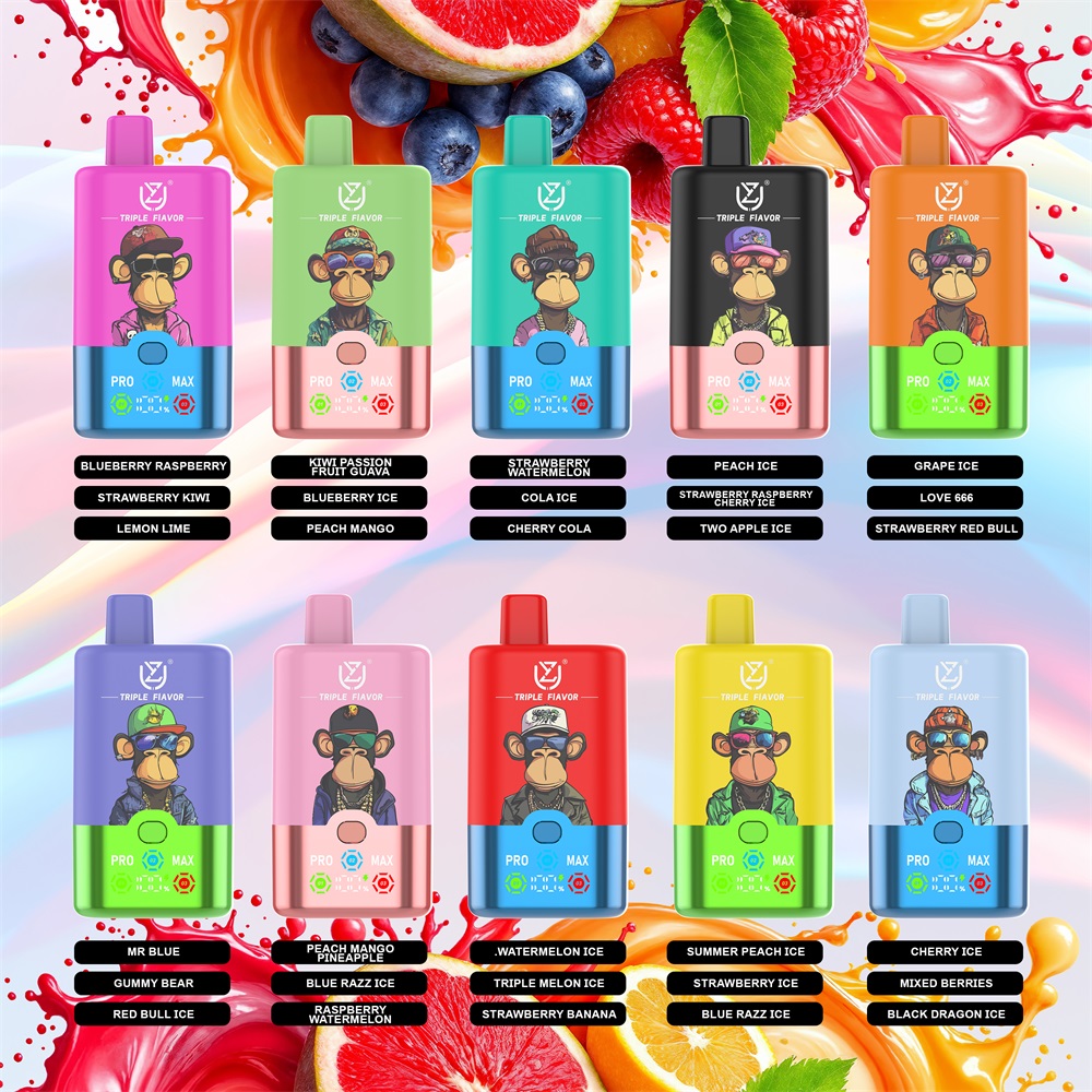 Two rows of five colorful disposable vape devices, each featuring a cartoon ape logo, PRO MAX branding, and multiple fruit-flavor labels beneath, arranged over a vibrant backdrop of splashing fruit and juice.