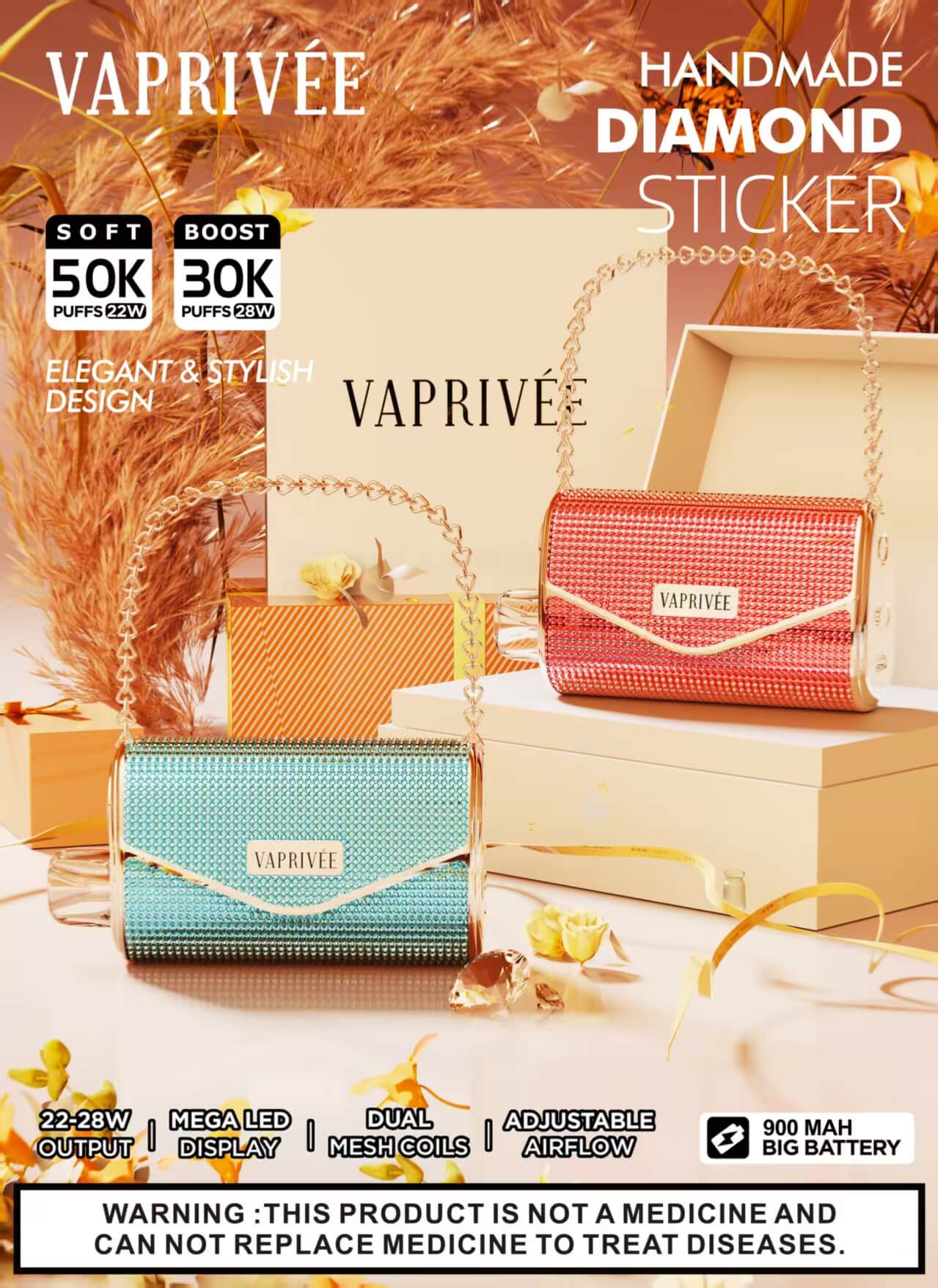 Two handbag-shaped, diamond-studded VAPRIVÉE vape devices—teal and red with gold chain handles—displayed on cream gift boxes against pampas-grass decor, with branding and labels noting 50K/30K puffs, 22–28W output and a 900 mAh battery.