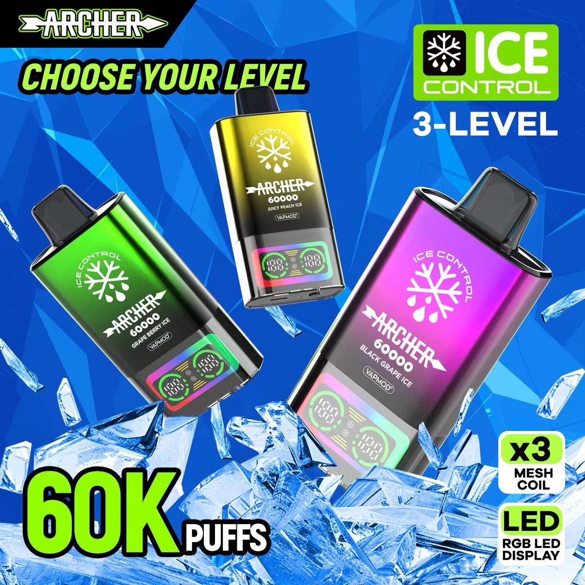 Advertisement featuring three colorful Archer Ice Control disposable vape devices (green, yellow, purple) floating over ice shards, with prominent text 'Choose Your Level', '3-Level', '60K puffs', and icons for x3 mesh coil and RGB LED display.