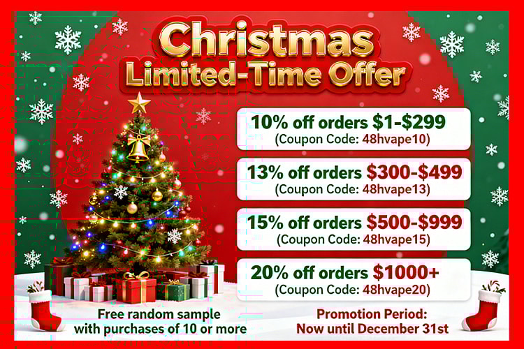 Christmas-themed promotional poster with a decorated tree, wrapped gifts and falling snowflakes, listing four discount tiers: 10% off $1–$299 (coupon 48hvape10), 13% off $300–$499 (coupon 48hvape13), 15% off $500–$999 (coupon 48hvape15), and 20% off $1000+ (coupon 48hvape20), plus a note about a free random sample with purchases of 10 or more and the promotion running until December 31st.