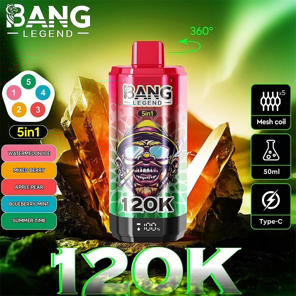 Vibrant ad featuring a pink-and-green Bang Legend 5-in-1 disposable vape device labeled 120K centered against glowing green and amber crystal formations, with a flavor list (Watermelon Ice, Mixed Berry, Apple Pear, Blueberry Mint, Summer Time) shown at left and icons at right indicating five mesh coils, 50 ml capacity and Type‑C charging.