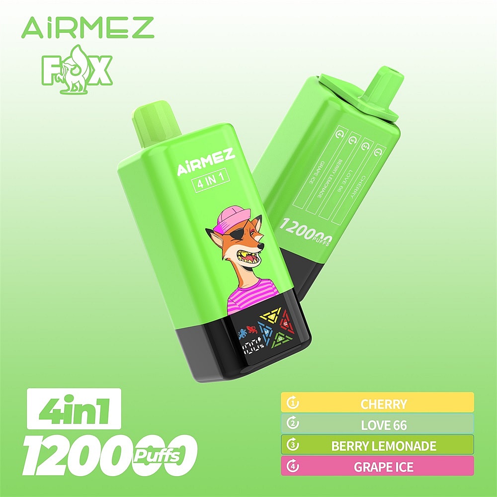 Two bright green AiRMEZ Fox 4-in-1 disposable vape devices with top mouthpieces, one showing a cartoon fox in a pink hat and striped shirt and the other showing product text including '4 IN 1' and '12000 PUFFS', with a flavor list (Cherry, Love 66, Berry Lemonade, Grape Ice) on a soft green gradient background.