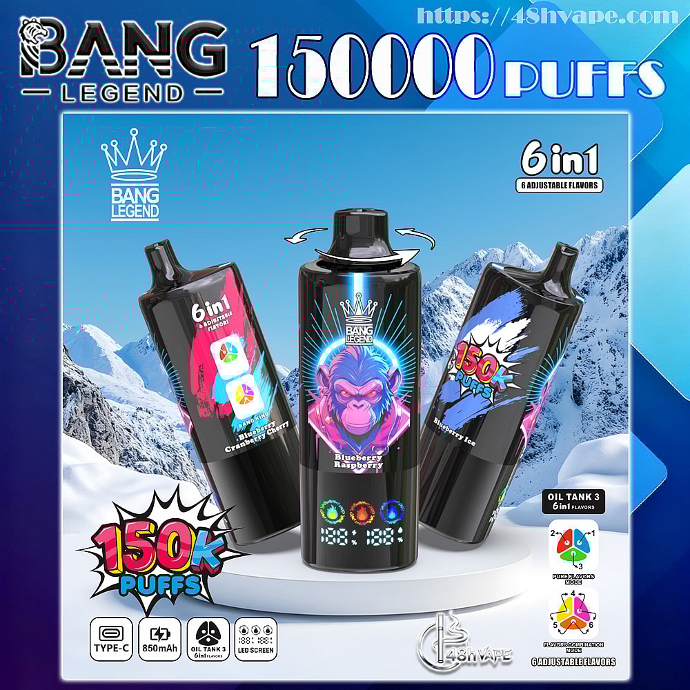 Promotional image showing three black Bang Legend disposable vapes with colorful labels and LED indicators on a snowy mountain backdrop, large “150000 puffs” and “6 in 1” branding, and small icons denoting Type‑C charging, 850mAh battery, oil tank and adjustable flavors.