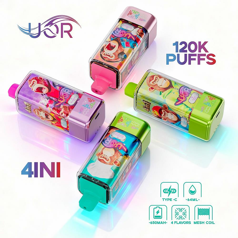 Four colorful rectangular vape devices with playful monkey graphics arranged in a star pattern, accompanied by bold text '120K PUFFS' and '4IN1' and small icons indicating Type‑C charging, 64 ml, 650 mAh, 4 flavors and mesh coil.