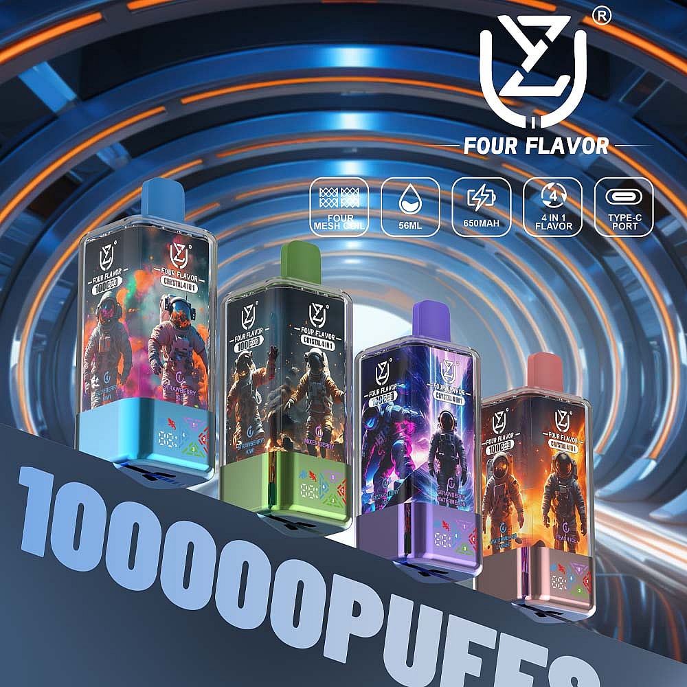 Four colorful rectangular vape devices with astronaut-themed sci-fi artwork displayed in a glowing futuristic tunnel, 'FOUR FLAVOR' logo at top right, icons showing four-mesh coil, 56ML, 650mAh, 4-in-1 flavor and Type-C port, and a diagonal banner reading 10000PUFFS.