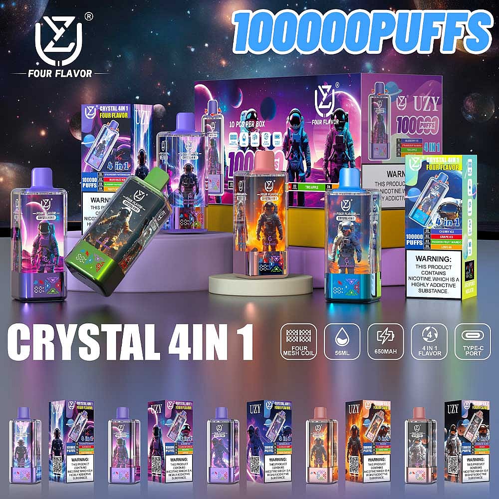 Colorful product display showing multiple Crystal 4IN1 disposable vape devices and boxed packaging with neon astronaut and space-themed illustrations, a large 'PUFFS' headline, visible nicotine warning labels, and icons indicating four flavors, 56ml, 650mAh, and a Type-C port, set against a starry cosmic background.