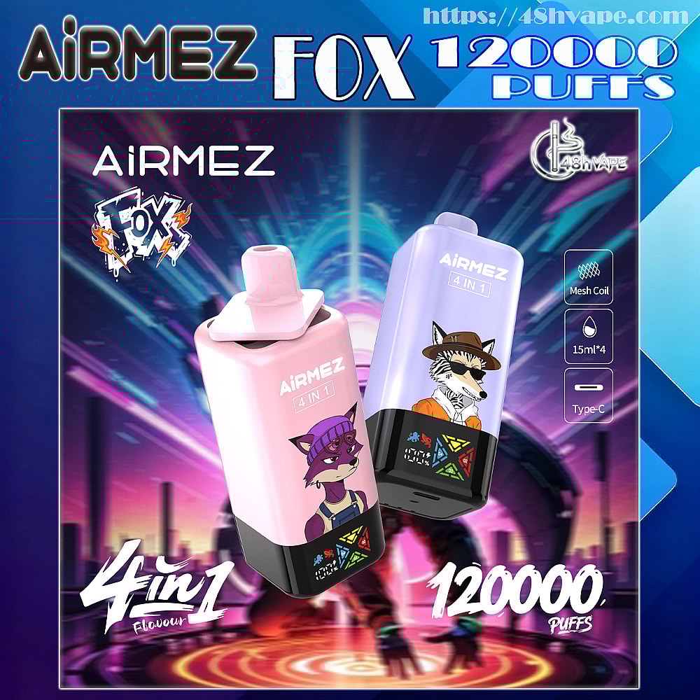 Two pastel-colored AiRMEZ FOX disposable vape devices with cartoon fox and wolf characters, labeled “AiRMEZ 4 in 1” and “120000 puffs,” shown against a neon city background with icons for mesh coil, 15ml×4 and Type-C.