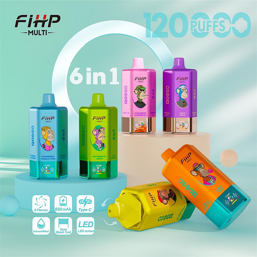 Six colorful rectangular FIHP Multi disposable vape devices in blue, green, pink, purple, yellow and orange with cartoon monkey graphics and '6 in 1' and '120 puffs' branding arranged on pastel teal platforms, accompanied by small icons denoting features like Type‑C charging, 650mAh battery, dual mesh coil and LED screen.