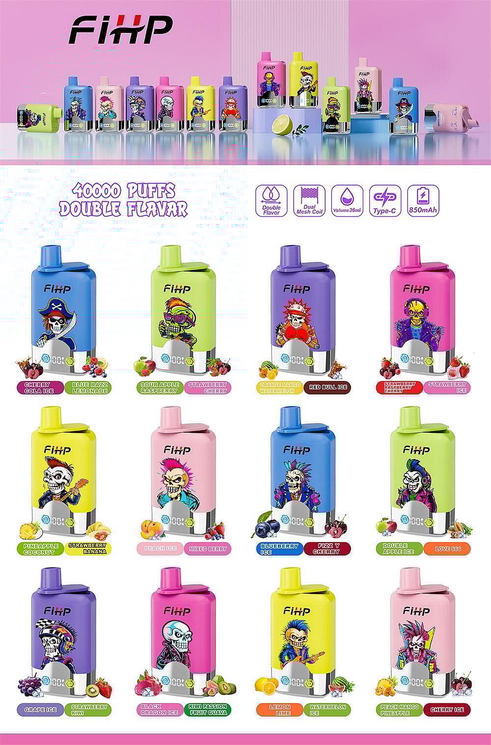 Rows of brightly colored disposable vape devices with cartoon character artwork and labeled fruit and ice-flavored varieties arranged on a pink display with the brand name and icons touting features like 40,000 puffs and dual-flavor capability.