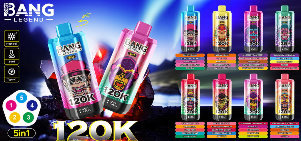 Two large colorful BANG LEGEND 120K disposable vape devices with stylized ape illustrations and digital displays in the foreground, surrounded by smaller color-coded device images and flavor labels, plus icons denoting mesh coil, 50ml capacity, Type‑C charging and a 5‑in‑1 multi-flavor feature against a vibrant blue-purple background.