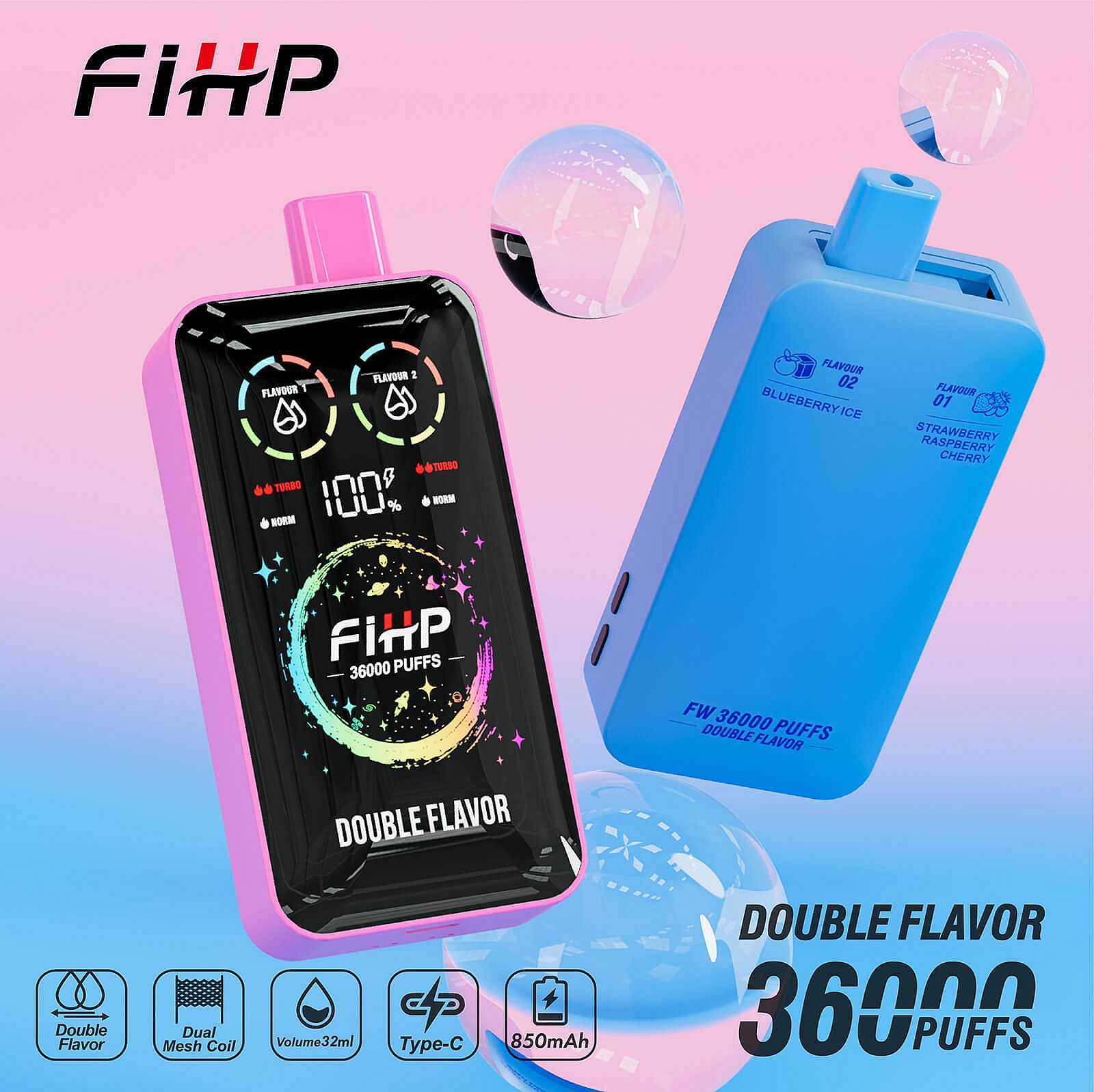 Promotional image of two rectangular FiHP double-flavor vape devices floating on a pink-to-blue gradient with bubbles: a pink device with a glossy black screen showing colorful 'FiHP 36000 PUFFS' graphics, dual-flavor indicators and a 100% battery readout, and a blue device showing flavor labels, with 'DOUBLE FLAVOR 36000 PUFFS' text and small feature icons along the bottom.