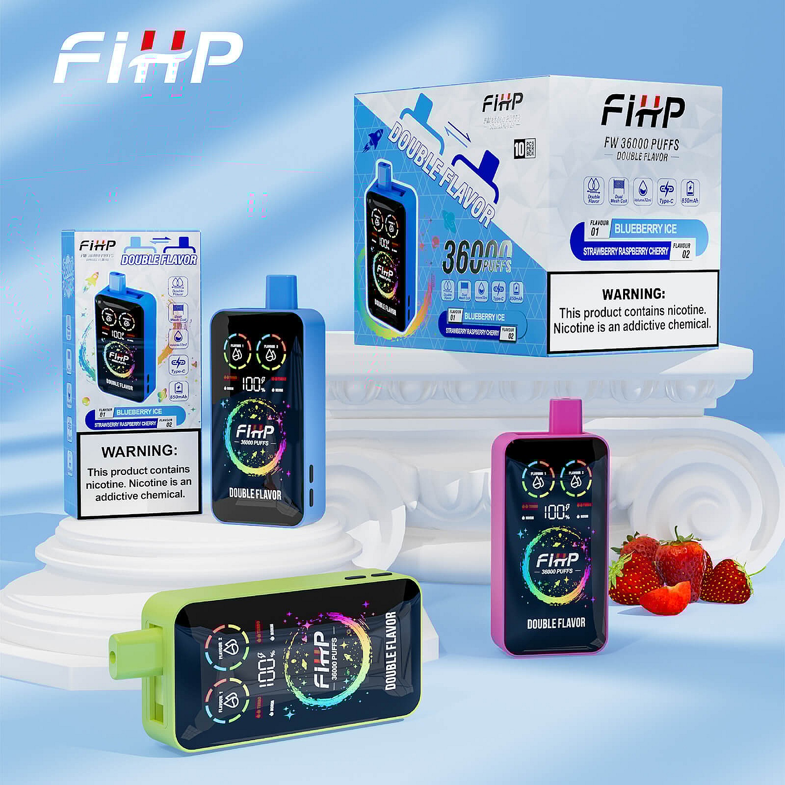 Close-up of FiHP branded disposable vape devices and packaging — three colorful rectangular vape units (blue, pink, lime) with digital-style front displays reading '100%' and 'DOUBLE FLAVOR,' a retail box advertising '36000 PUFFS' and flavor 'Blueberry Ice/Strawberry Raspberry Cherry,' visible nicotine warning labels, and a few strawberries on a white decorative pedestal against a soft blue backdrop.