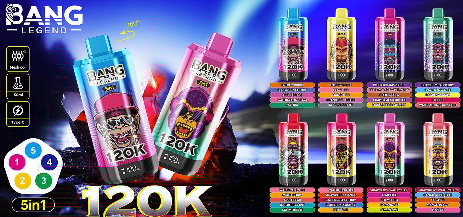 Two large colorful BANG LEGEND 120K disposable vape devices with stylized ape illustrations and digital displays in the foreground, surrounded by smaller color-coded device images and flavor labels, plus icons denoting mesh coil, 50ml capacity, Type‑C charging and a 5‑in‑1 multi-flavor feature against a vibrant blue-purple background.