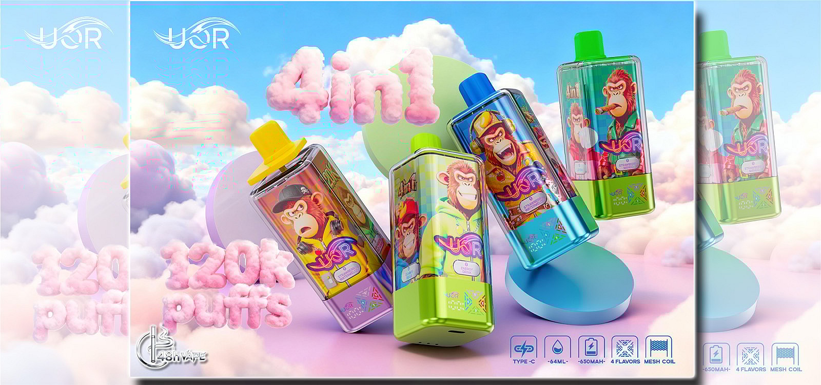 Brightly colored disposable vape devices featuring illustrated ape characters and neon labels float against a pastel cloud background with '4 in 1' rendered in pink cloud letters and product details like '120K puffs' and specification icons along the bottom.