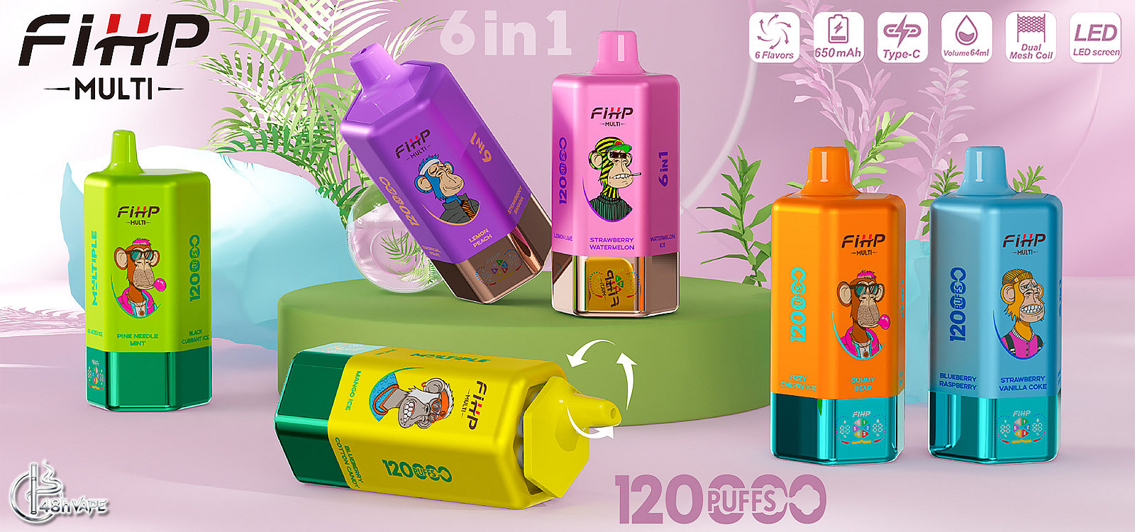 Six colorful FiHP Multi disposable vape devices with cartoon monkey illustrations and '120 puffs' flavor labels arranged on a pastel backdrop with plants, alongside icons indicating 6-in-1 flavors, Type-C charging and a 650mAh battery.