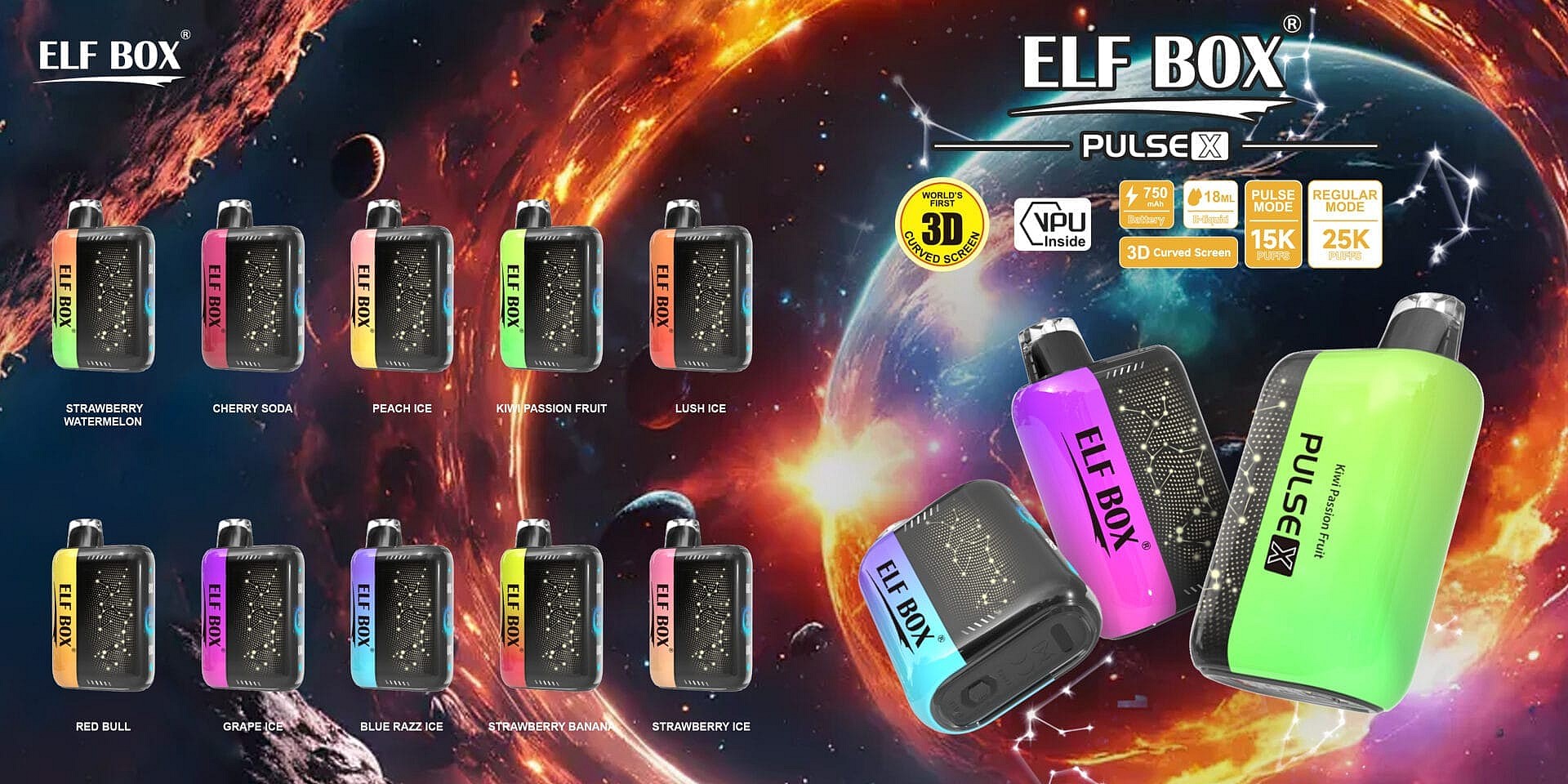 Colorful ELF BOX Pulse X vape devices arranged in rows with flavor labels and two enlarged neon-green and purple units in the foreground, set against a fiery cosmic background with the ELF BOX logo and feature icons advertising a 3D curved screen, battery capacity, and puff counts.