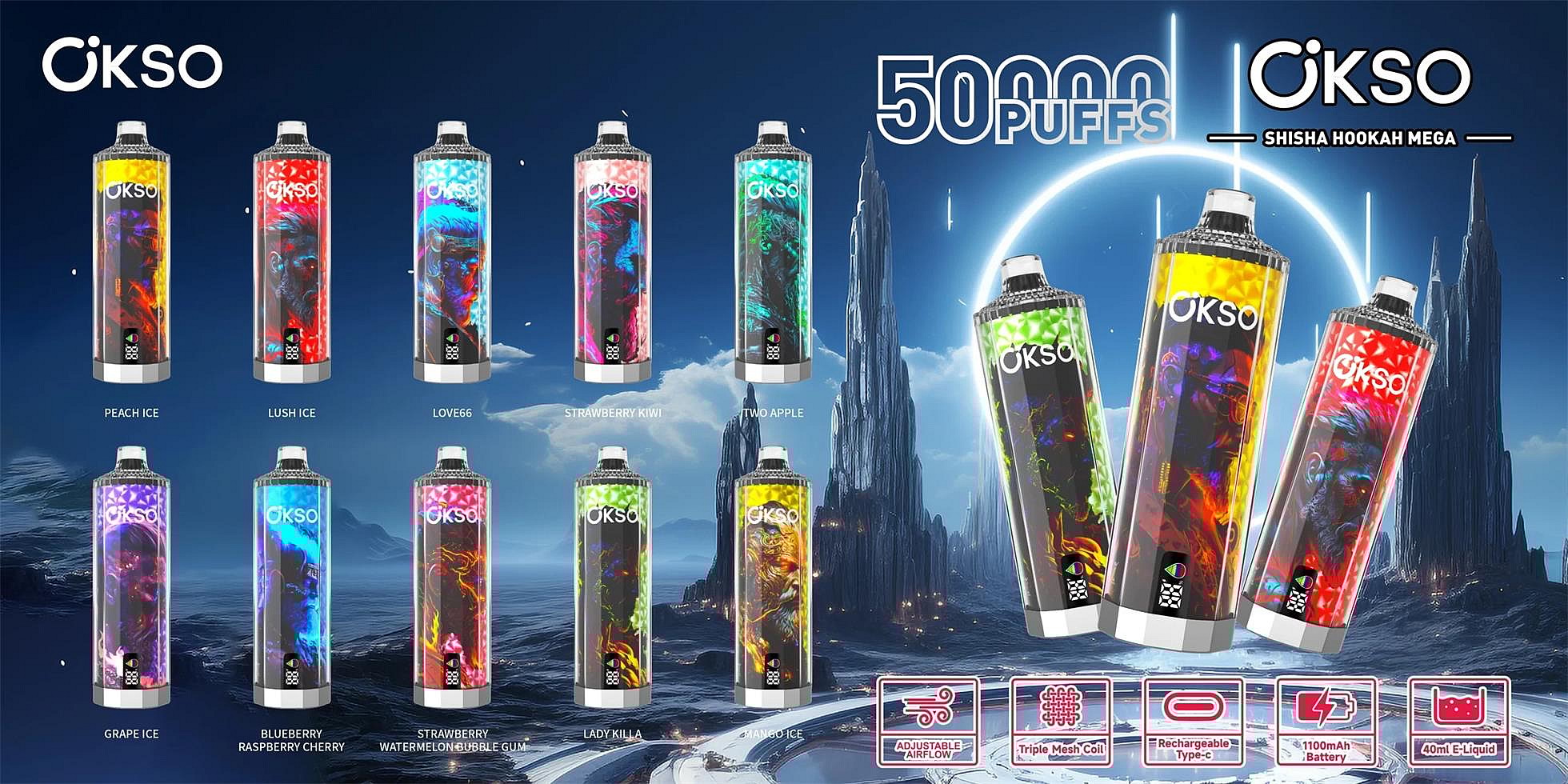 Advertising image showing rows of colorful OKSO Shisha Hookah Mega disposable vape devices with flavor-labeled cylindrical bodies and three oversized examples at right, set against a sci-fi rocky-blue landscape beneath a glowing moon halo and prominent text highlighting "50,000 puffs" plus icons for adjustable airflow, triple mesh coil, USB‑C recharge, 1100mAh battery and 40ml e-liquid.