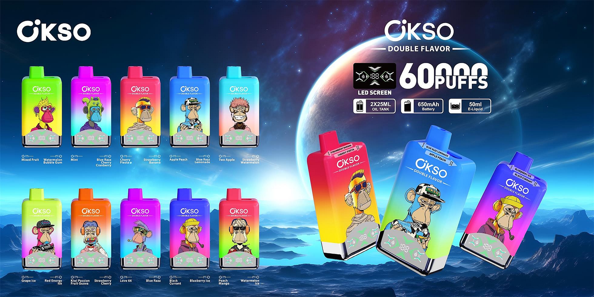 Brightly colored OKSO double-flavor disposable vape pods arranged against a cosmic planet backdrop, each rectangular device featuring stylized cartoon ape illustrations, flavor labels and a bottom LED screen, with large text highlighting 60,000 puffs and icons for 2x25ml oil tanks, 650mAh battery and 50ml e-liquid.