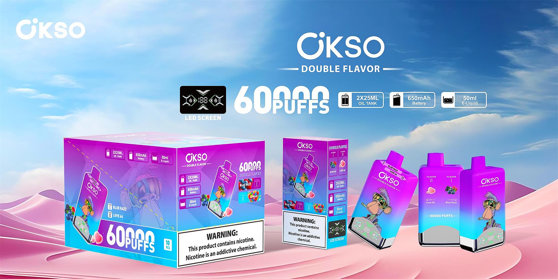 Bright purple-blue gradient product display for ÖKSO Double Flavor disposable vapes showing a boxed 10‑pack and three devices with cartoon monkey artwork, highlighting “60,000 puffs,” LED screen, 2×25ml oil tanks, 650mAh battery, 50ml e‑liquid, and a nicotine warning, set against a pastel sky and dunes.