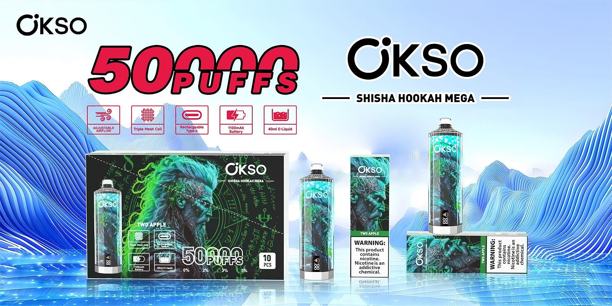 Promotional banner for OKSO Shisha Hookah Mega featuring large '50,000 puffs' text, turquoise-green patterned disposable devices and boxes labeled 'Two Apple,' icons indicating adjustable airflow, triple mesh coil, Type‑C rechargeable 1100mAh battery and 40ml e-liquid, plus a nicotine warning.