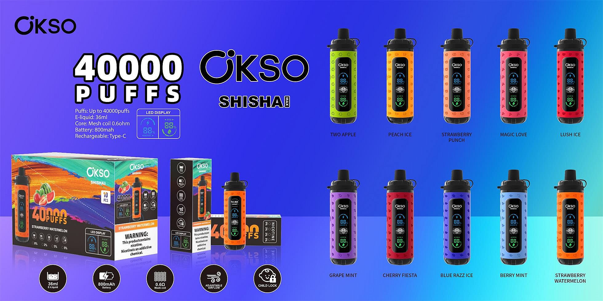 Promotional blue-gradient banner for OKSO Shisha MAX featuring large "40000 PUFFS" text and the OKSO logo, a row of colorful cylindrical disposable vape devices with LED displays labeled with flavor names, product boxes and icons showing specs (36ml e-liquid, 800mAh battery, mesh coil, Type‑C rechargeable).