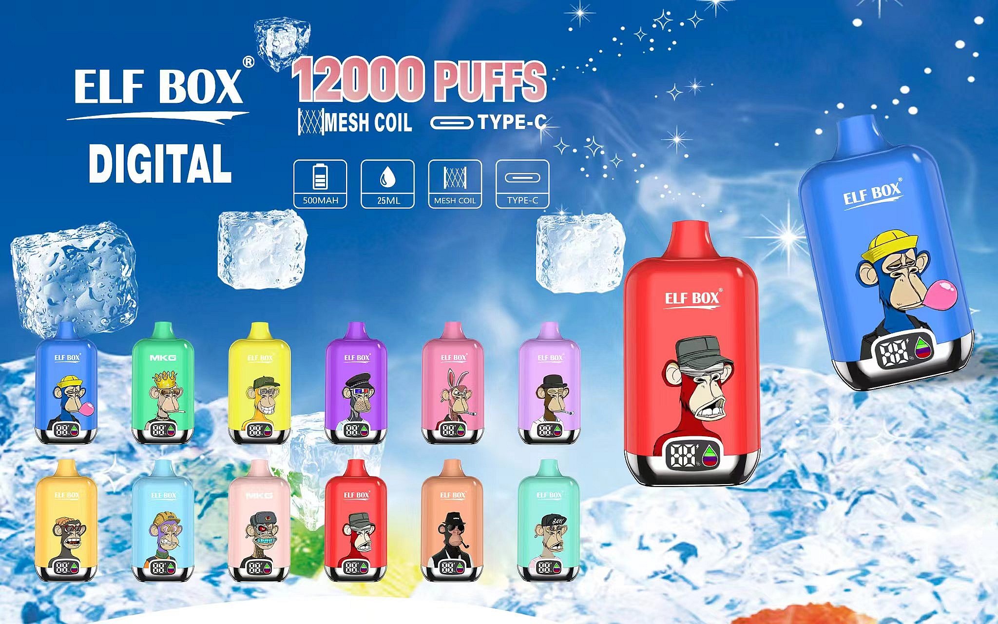 Advertising poster for ELF BOX digital disposable vapes reading '12000 PUFFS' with mesh coil and Type‑C icons, set on an icy blue background with floating ice cubes and a lineup of colorful vape devices featuring cartoon ape illustrations and two enlarged red and blue models on the right.