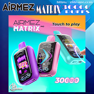 Colorful ad featuring three AiRMEZ Matrix disposable vape devices in purple, pink, and teal with touchscreen displays (showing “Winner 777” and “100% BOOST”), prominent branding and “30,000 puffs” and “Touch to play” text on a bright turquoise and blue gradient background.