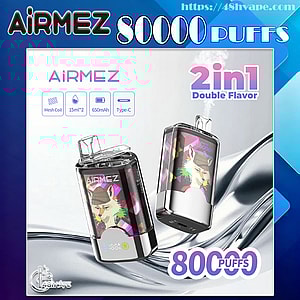 Two Airmez disposable vape devices with colorful fox artwork and chrome bases set against a silver and blue background, advertising 80,000 puffs and 2-in-1 double flavor with icons for mesh coil, 15ml×2 capacity, 650mAh battery and Type-C charging.