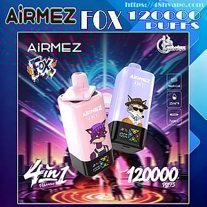 Two pastel-colored AiRMEZ Fox disposable vape devices with cartoon fox and wolf graphics floating over a neon cybercity background, advertising "4 in 1" flavor and "120000 puffs" with icons for mesh coil, 15ml×4 and Type-C.