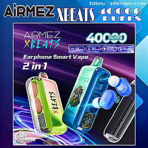 Colorful advertisement for AiRMEZ XBEATS Earphone Smart Vape 2-in-1 showing green and blue transparent vape units holding matching wireless earbuds with electric blue spark effects, prominent “40000 puffs” and branding text on a purple-and-blue swirling background.