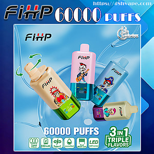 Promotional graphic showing five colorful FIHP disposable vape devices with cartoon skull and pirate designs against a blue background, labeled "60000 PUFFS" and "3 in 1 Triple Flavors" with small icons indicating 650mAh, Type-C charging, 54ml volume, dual mesh coil and LED screen.