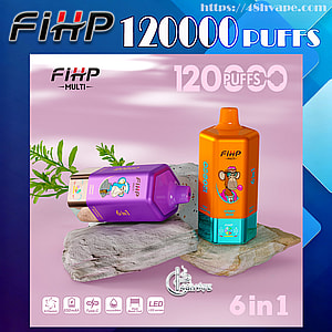 Two brightly colored FIHP disposable vape devices—one upright orange-and-teal and one purple lying on its side—resting on stacked rocks against a pink background with leaves, branded text reading "120000 puffs" and "6 in 1," and small product icons along the bottom.