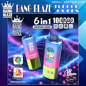 Two metallic gradient Bang Blaze disposable vape devices against a neon digital background, one labeled "100000 puffs" and the other "6 in 1" with a cartoon monkey, accompanied by icons for 6 adjustable flavors, Type-C charging, 850mAh battery and oil tank.