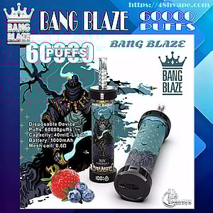 Promotional graphic for Bang Blaze disposable vape showing two teal-and-black cylindrical devices with a crown logo, “60,000 puffs” headline and specs (40ml e-liquid, 1000mAh battery, 0.6Ω mesh coil), and mixed-berries flavor depicted by strawberries and blueberries against a stylized dark-figure background.