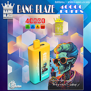 Colorful ad showing a yellow-to-teal Bang Blaze disposable vape device labeled 40,000 puffs next to a stylized teal skull wearing orange sunglasses and smoking, set against a pastel hexagonal geometric background with crown branding.