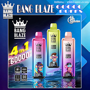 Three colorful Bang Blaze disposable vape devices (pink, lime green, and purple) standing on a reflective water surface against a blue geometric background, each bearing a crown logo, 'BANG BLAZE' and '60000 4 in1' text, digital puff displays and cartoon ape illustrations, with large '4 in 1 60000' branding at the left.