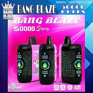 Three black-and-pink Bang Blaze disposable vape devices with LED numeric displays and glowing flame icons, arranged against a bright pink promotional backdrop reading “BANG BLAZE 50000 Starry” with brand logos and small feature icons.