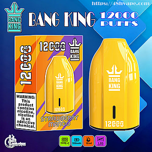 Bright yellow Bang King disposable vape and matching packaging set against a blue geometric background, showing a crown logo, prominent '12,000 puffs' text, 'Strawberry Mango' flavor label, nicotine warning panel, and small icons for Type-C, 550mAh, 18ml and 1.2Ω mesh coil.