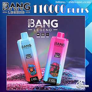 Two colorful gradient Bang Legend disposable vape devices with cartoon monkey logos and small digital displays on a glittery surface beneath a large Bang Legend logo and '110000 puffs' headline.